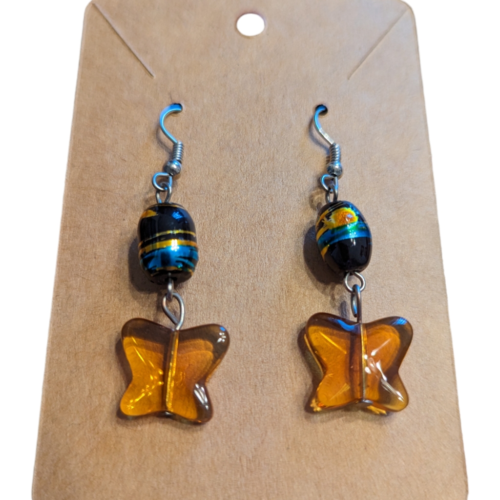 Beaded And Crystal Amber, Black And Teal Butterfly Drop Earrings